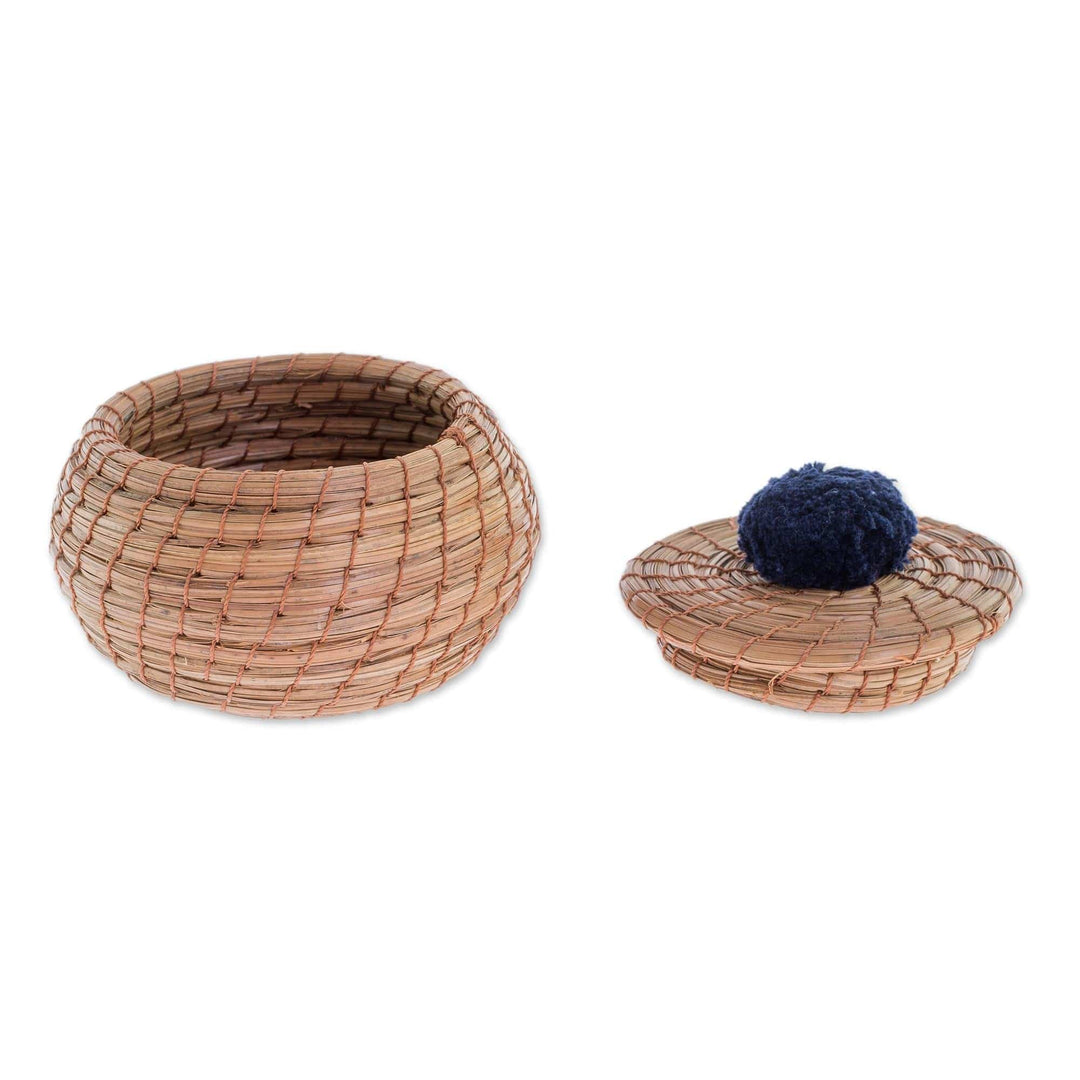 Handmade Pine Needle Basket with a Navy Cotton Pompom - Natural Enchantment in Navy