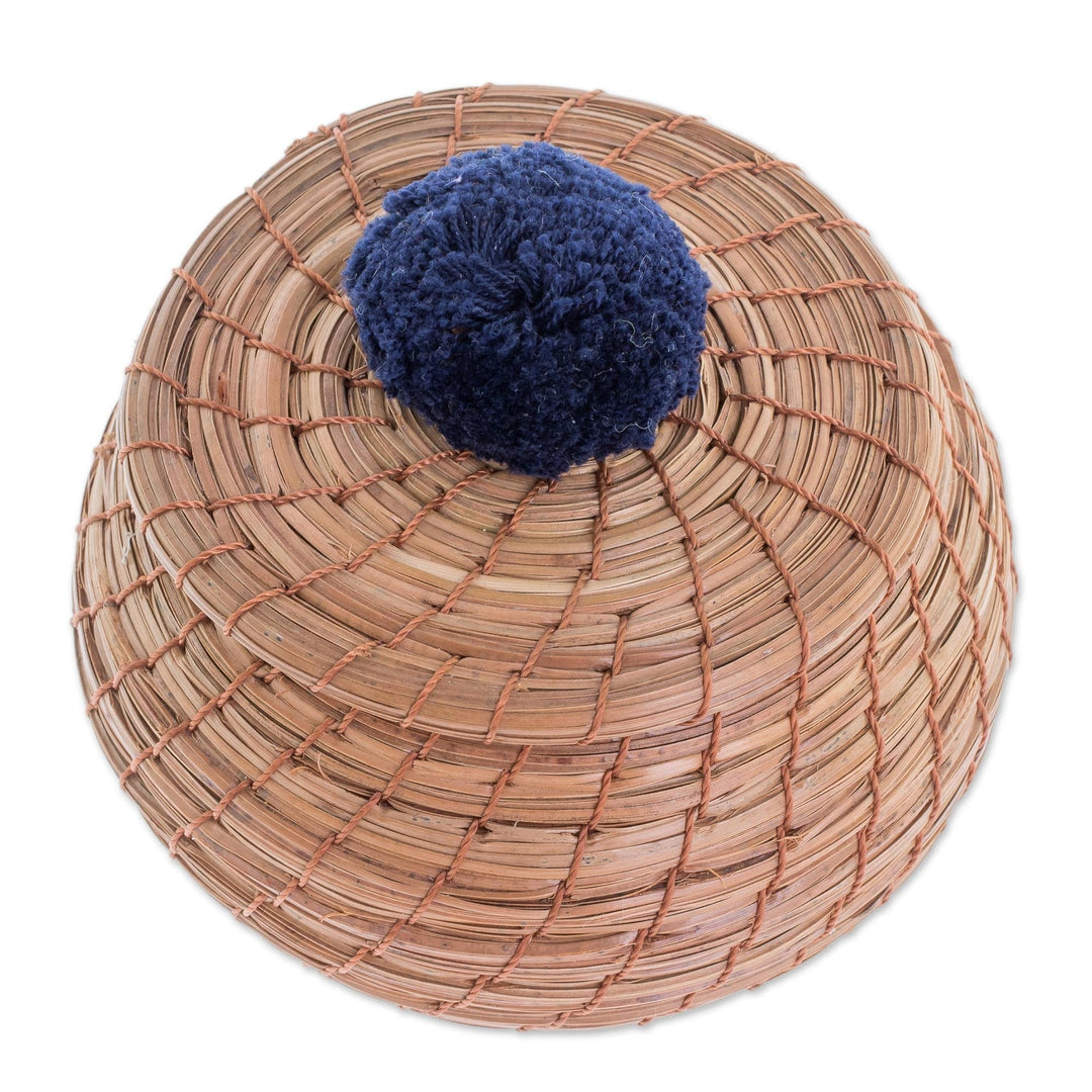 Handmade Pine Needle Basket with a Navy Cotton Pompom - Natural Enchantment in Navy