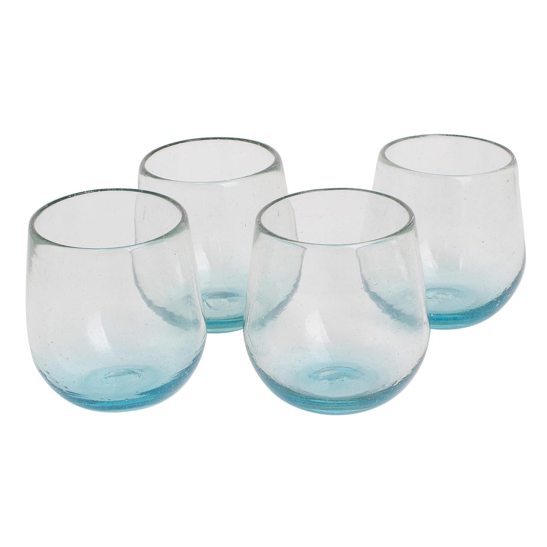 Set of Four Recycled Glass Stemless Wine Glasses in Blue - Glistening Sea