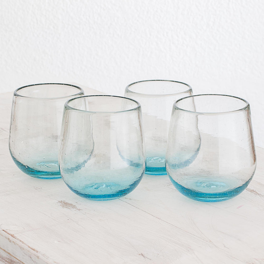 Set of Four Recycled Glass Stemless Wine Glasses in Blue - Glistening Sea
