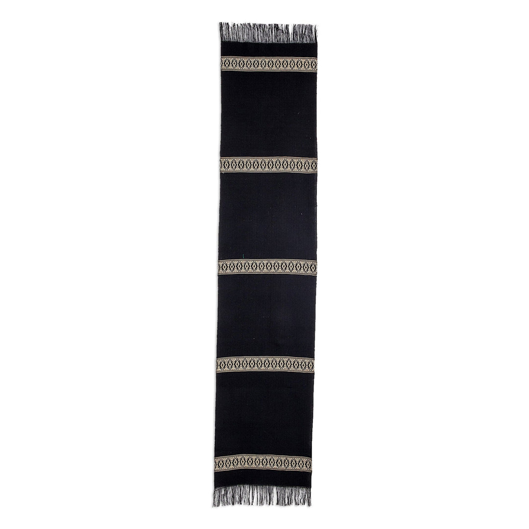 Handwoven Cotton Table Runner in Black from Guatemala - Beige Moon
