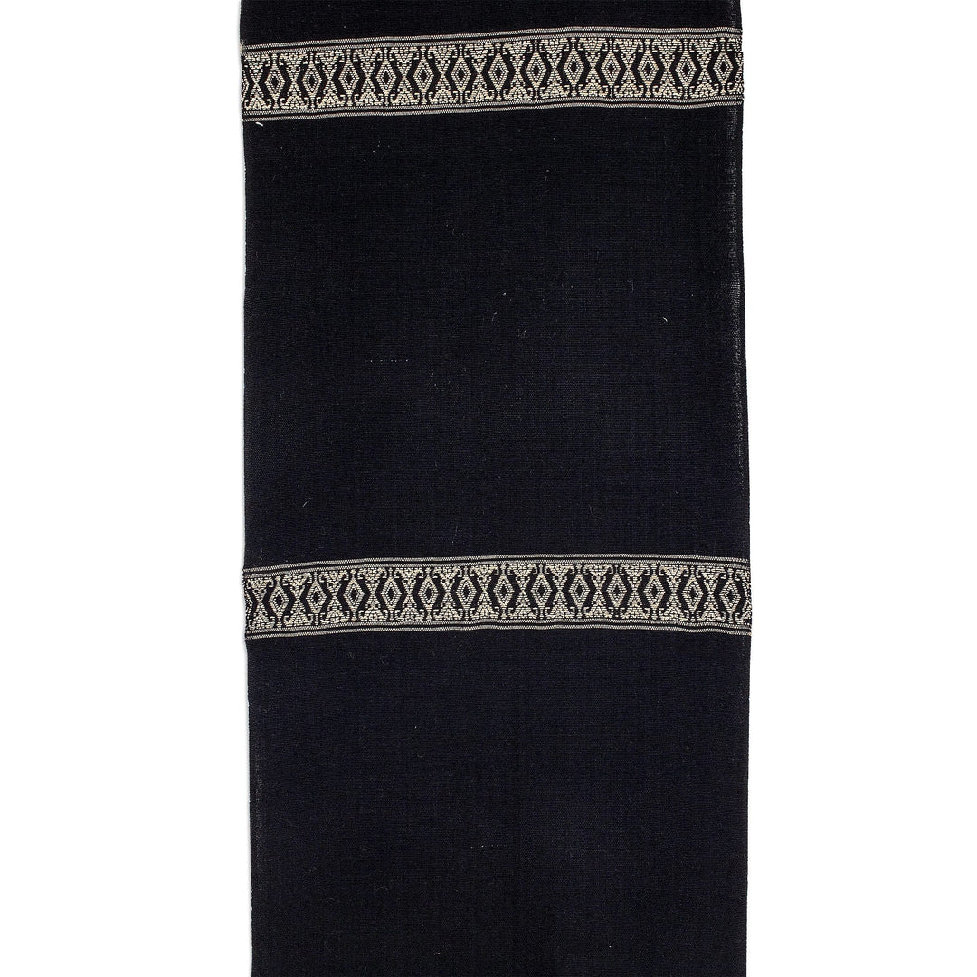 Handwoven Cotton Table Runner in Black from Guatemala - Beige Moon