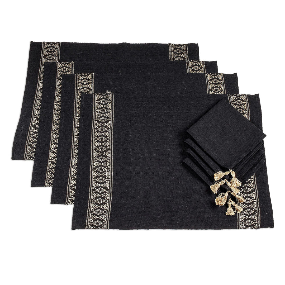 Cotton Table Linen Set for 4 in Black - Beige Moon