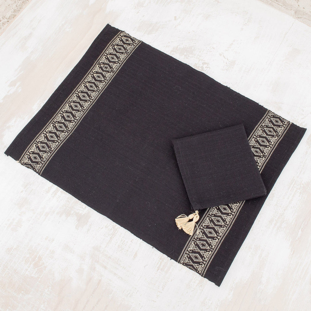Cotton Table Linen Set for 4 in Black - Beige Moon