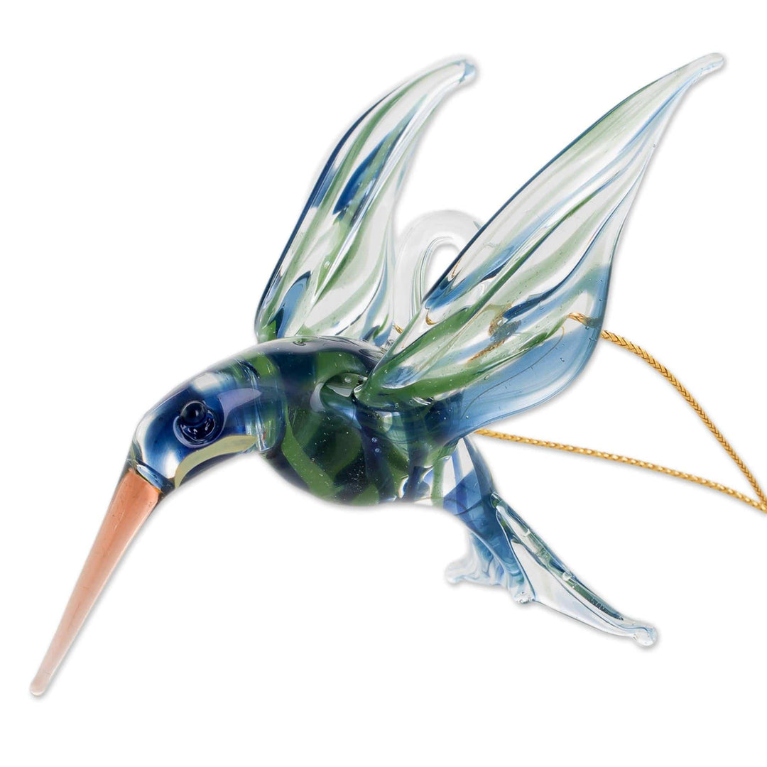 Handblown Glass Blue and Green Humminbird Figurine - Trochilinae Hummingbird