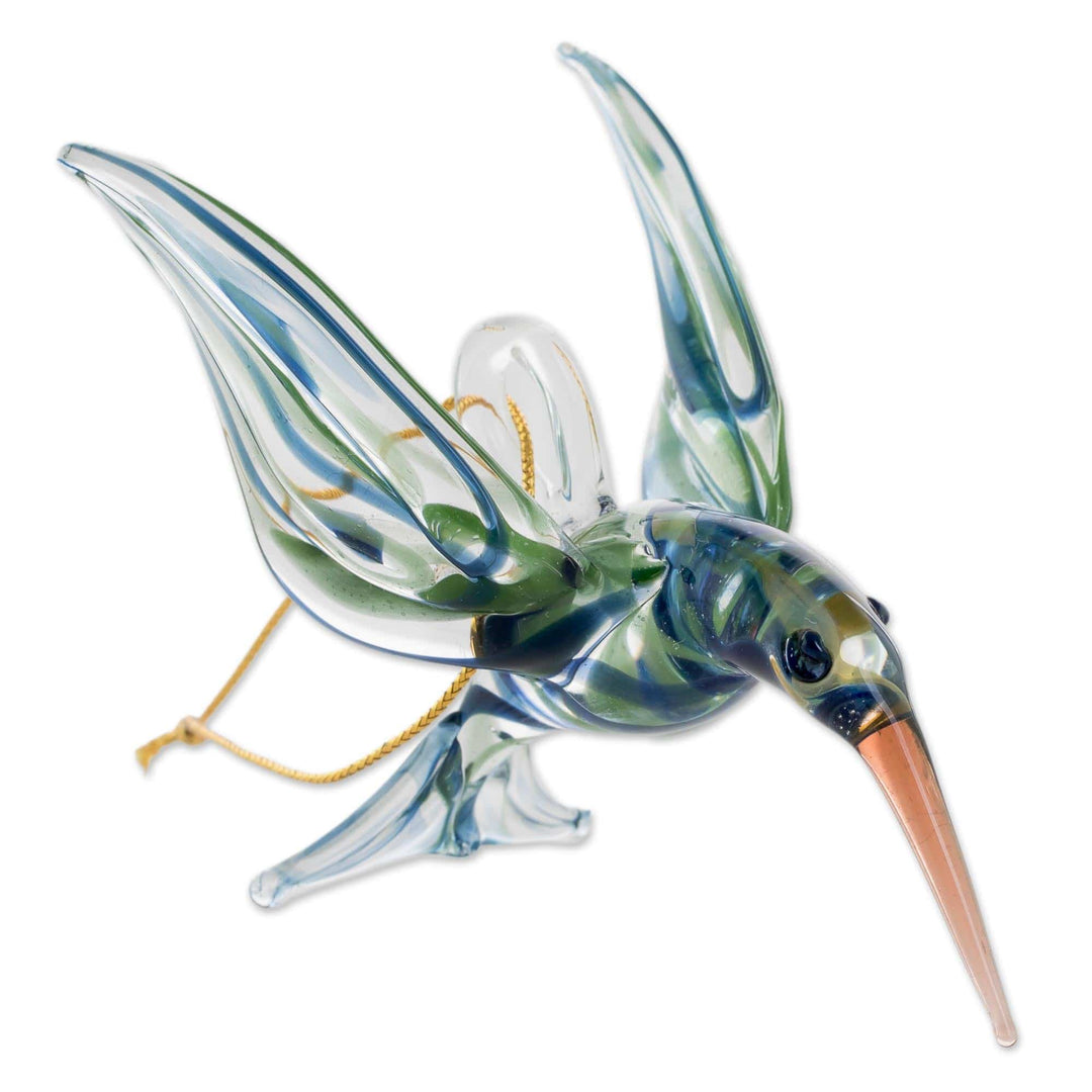 Handblown Glass Blue and Green Humminbird Figurine - Trochilinae Hummingbird