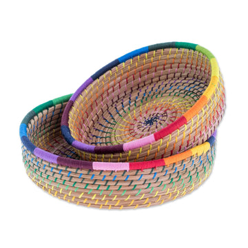 Handmade Pine Needle and Cotton Baskets in Rainbow (Pair) - Journey to Tecpan in Rainbow