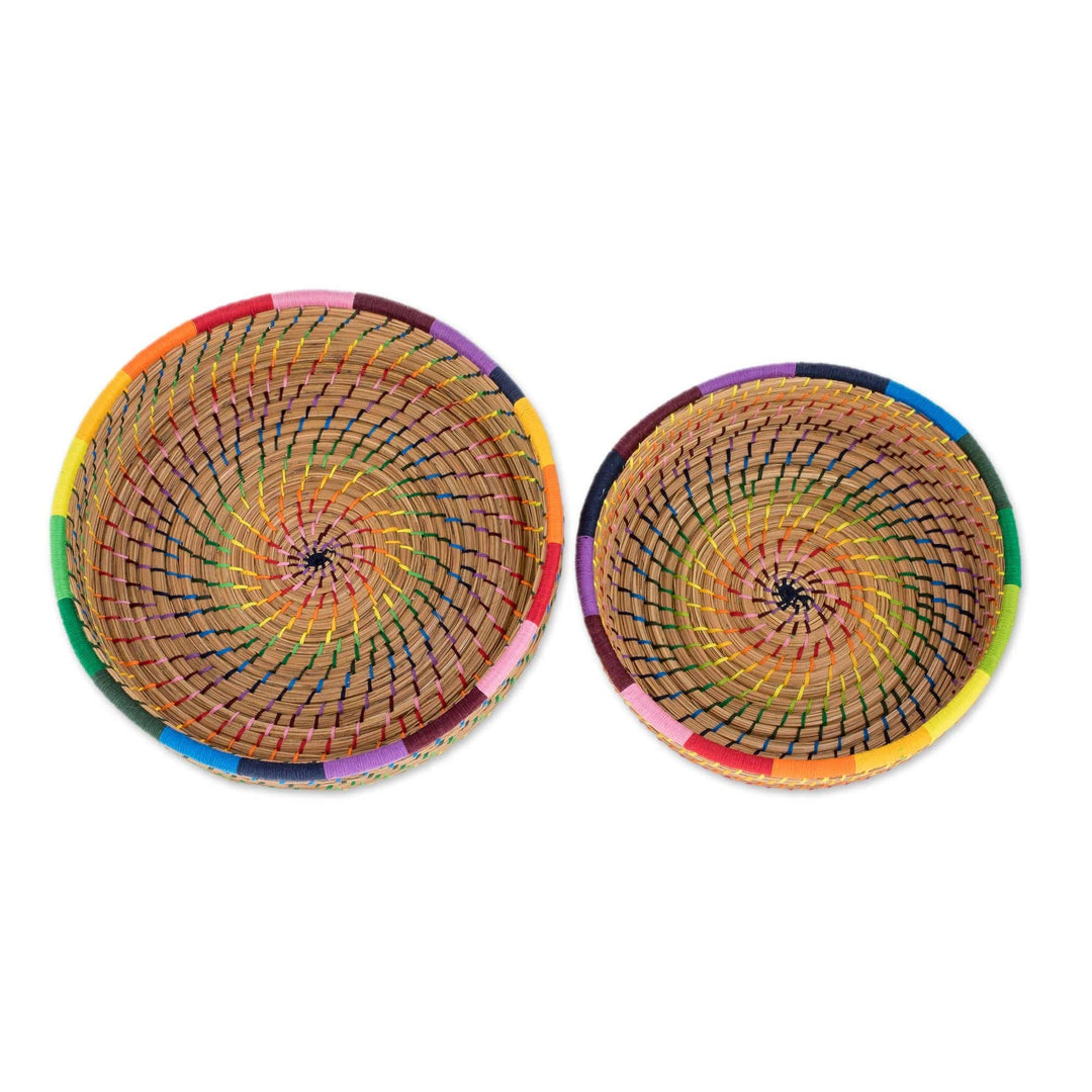 Handmade Pine Needle and Cotton Baskets in Rainbow (Pair) - Journey to Tecpan in Rainbow