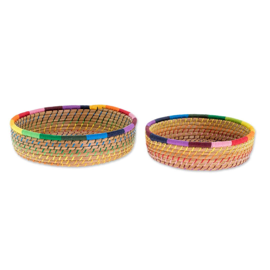 Handmade Pine Needle and Cotton Baskets in Rainbow (Pair) - Journey to Tecpan in Rainbow