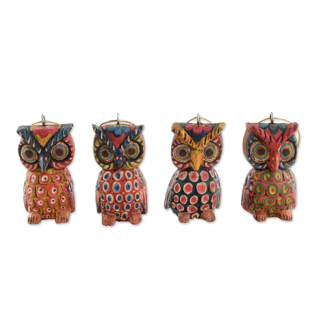 Pinewood Owl Ornaments from Guatemala (Set of 4) - Celebratory Owls