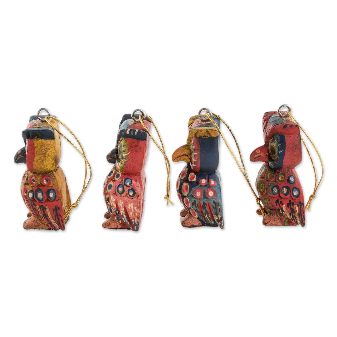 Pinewood Owl Ornaments from Guatemala (Set of 4) - Celebratory Owls
