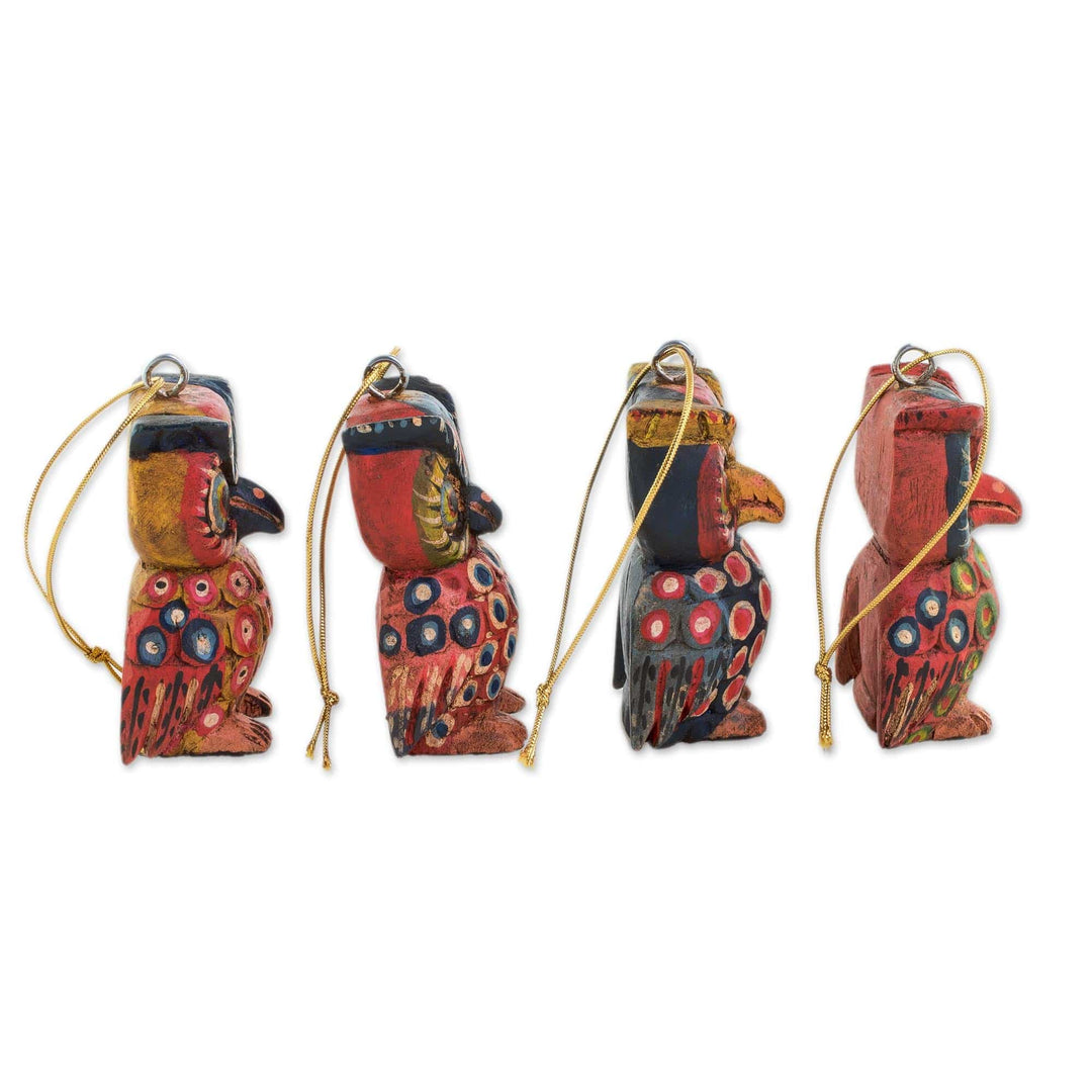 Pinewood Owl Ornaments from Guatemala (Set of 4) - Celebratory Owls