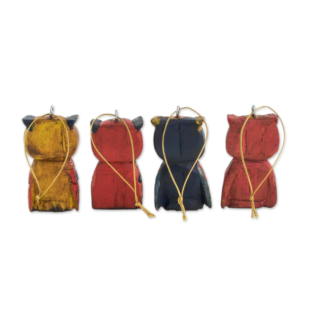 Pinewood Owl Ornaments from Guatemala (Set of 4) - Celebratory Owls