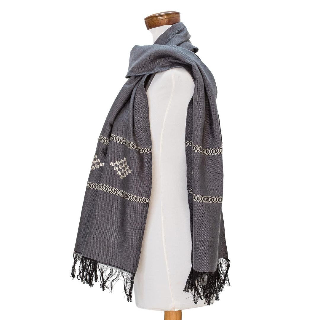 Grey Cotton Blend Scarf with Warm White Diamond Motif - Diamond Diva in Grey