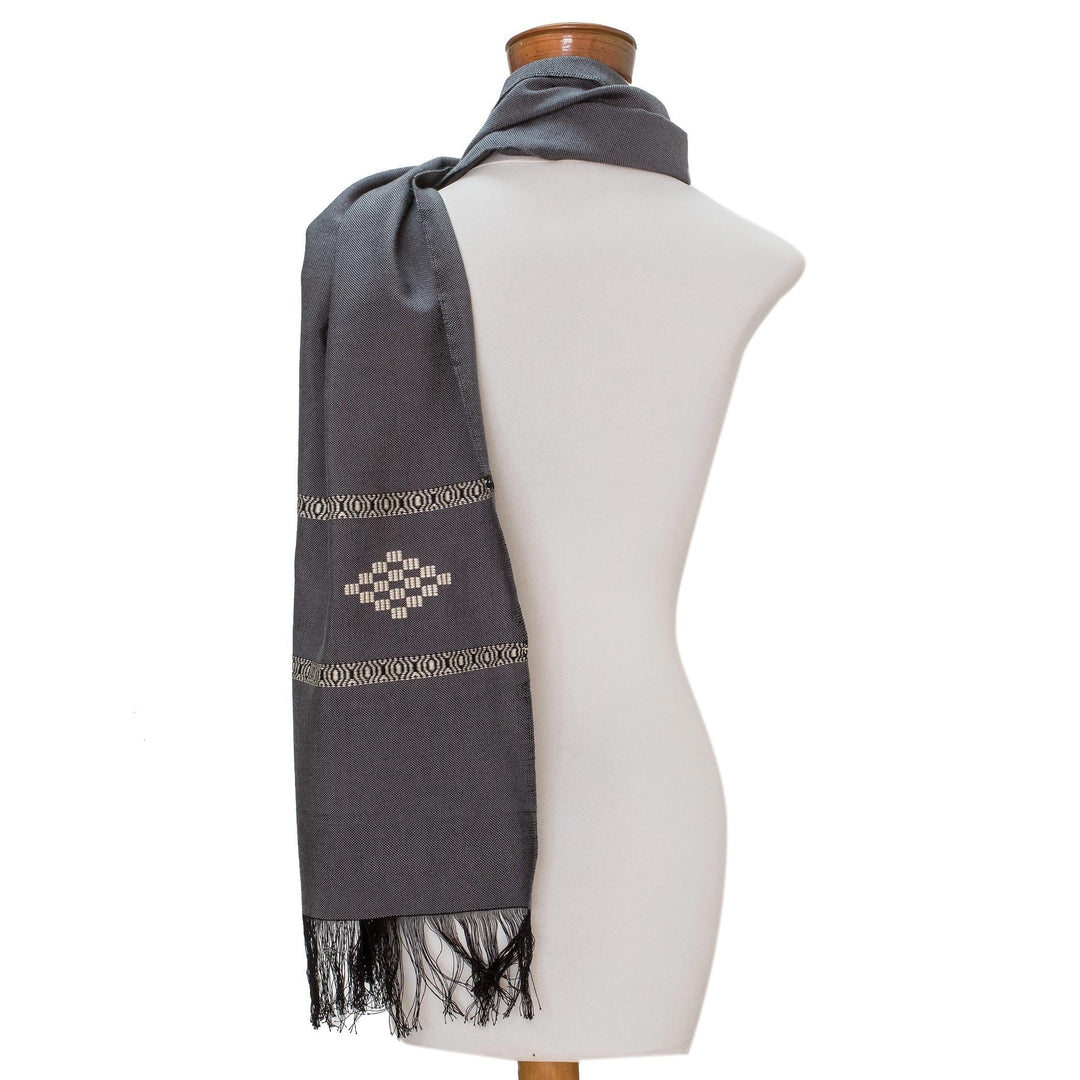 Grey Cotton Blend Scarf with Warm White Diamond Motif - Diamond Diva in Grey