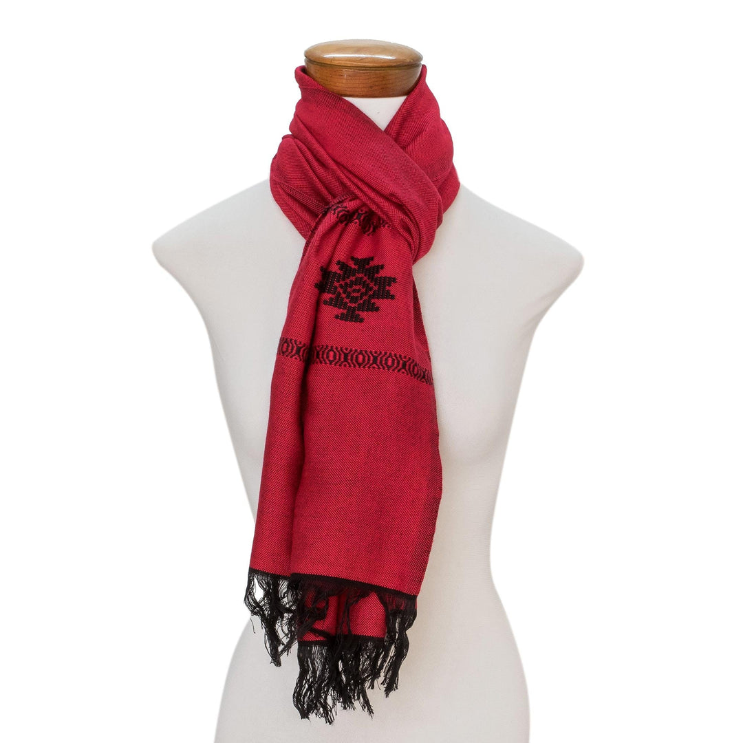 Red Cotton Blend Scarf with Black Stepped-Fret Rhombus Motif - Fret Chic in Red