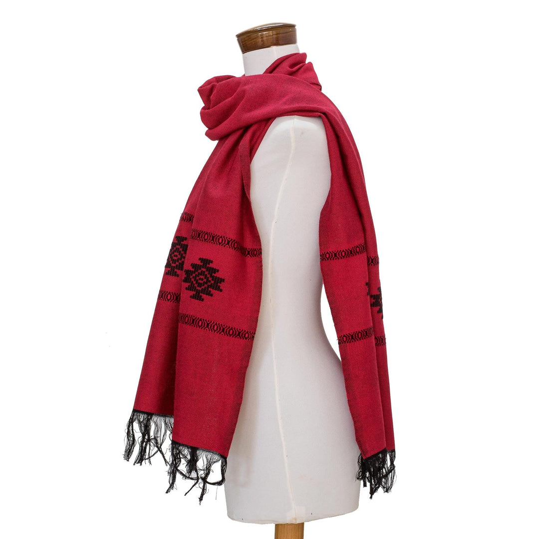 Red Cotton Blend Scarf with Black Stepped-Fret Rhombus Motif - Fret Chic in Red