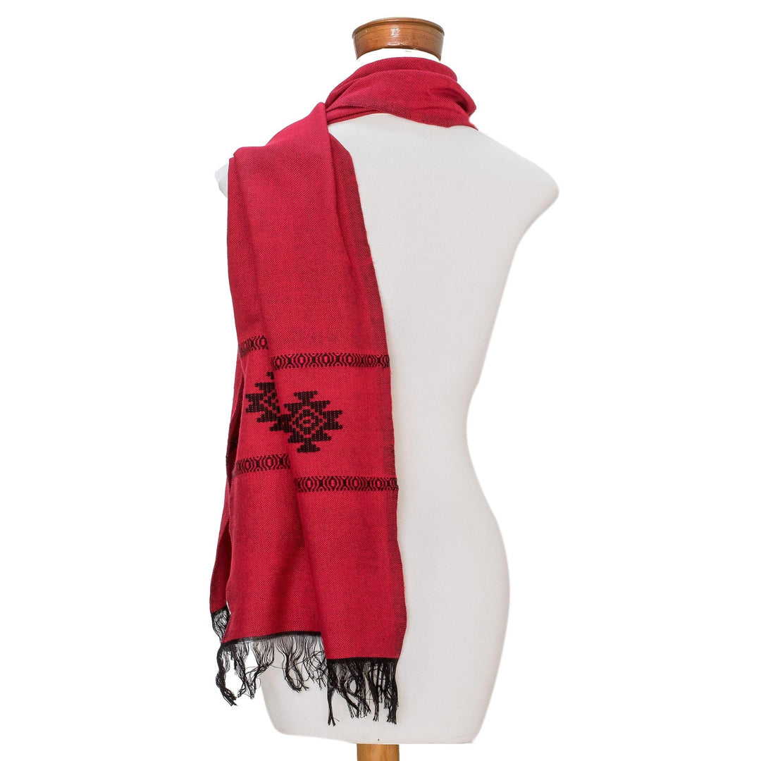 Red Cotton Blend Scarf with Black Stepped-Fret Rhombus Motif - Fret Chic in Red