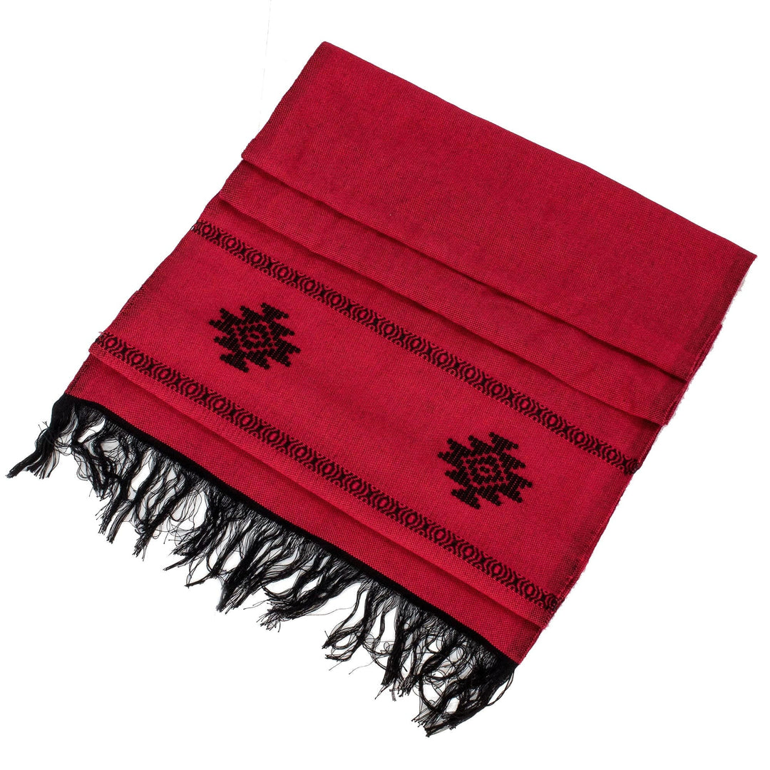 Red Cotton Blend Scarf with Black Stepped-Fret Rhombus Motif - Fret Chic in Red