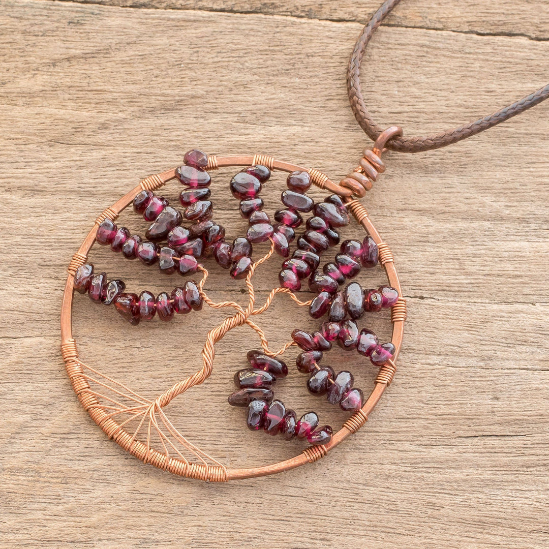 Garnet Gemstone Tree Leo Pendant Necklace - Leo Tree of Life