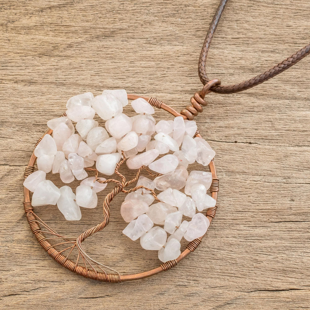 Rose Quartz Gemstone Tree Pendant Necklace - Taurus Tree of Life