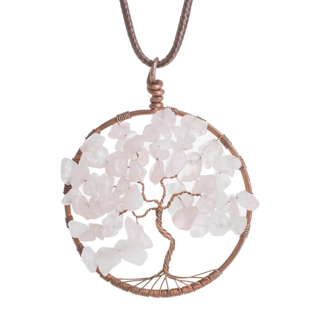 Rose Quartz Gemstone Tree Pendant Necklace - Taurus Tree of Life