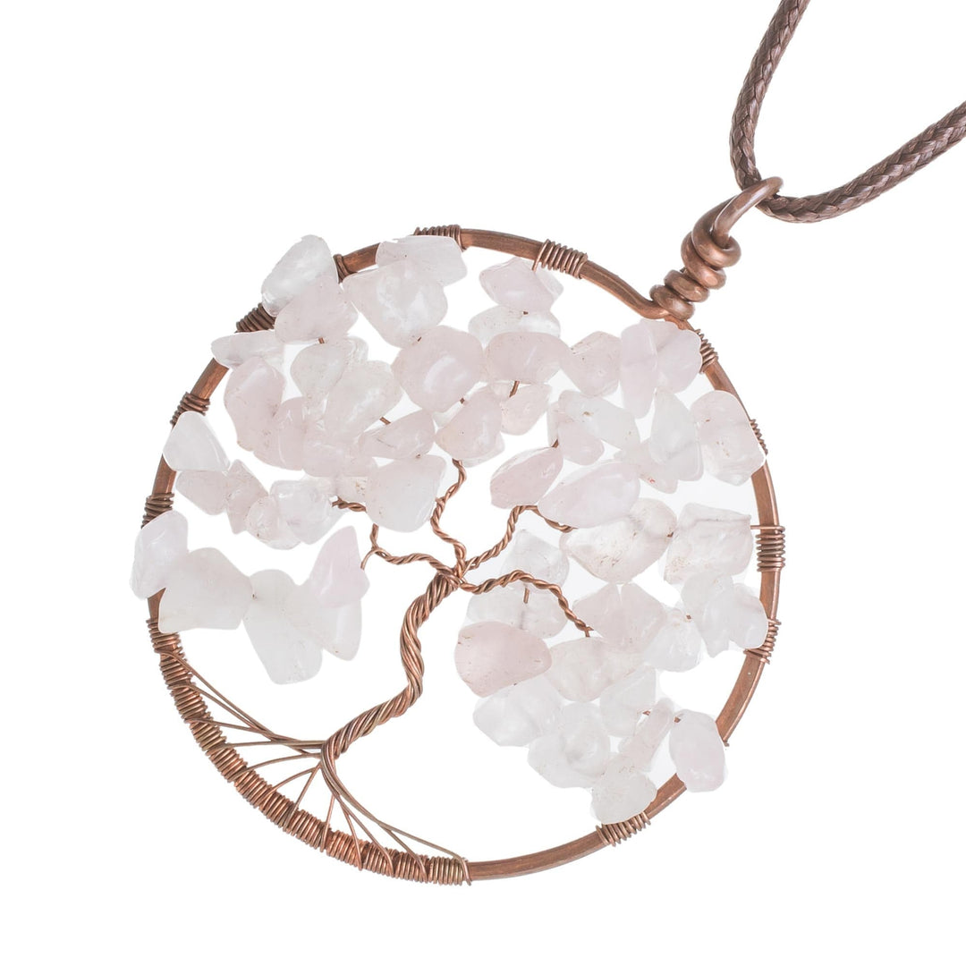 Rose Quartz Gemstone Tree Pendant Necklace - Taurus Tree of Life