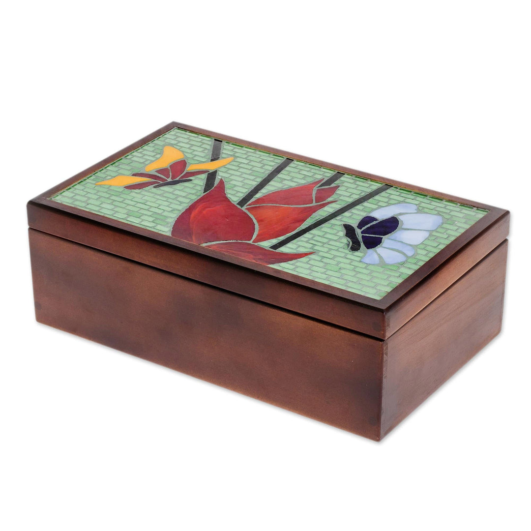 Floral Butterfly Glass Mosaic Tea Box from Costa Rica - Two Butterflies