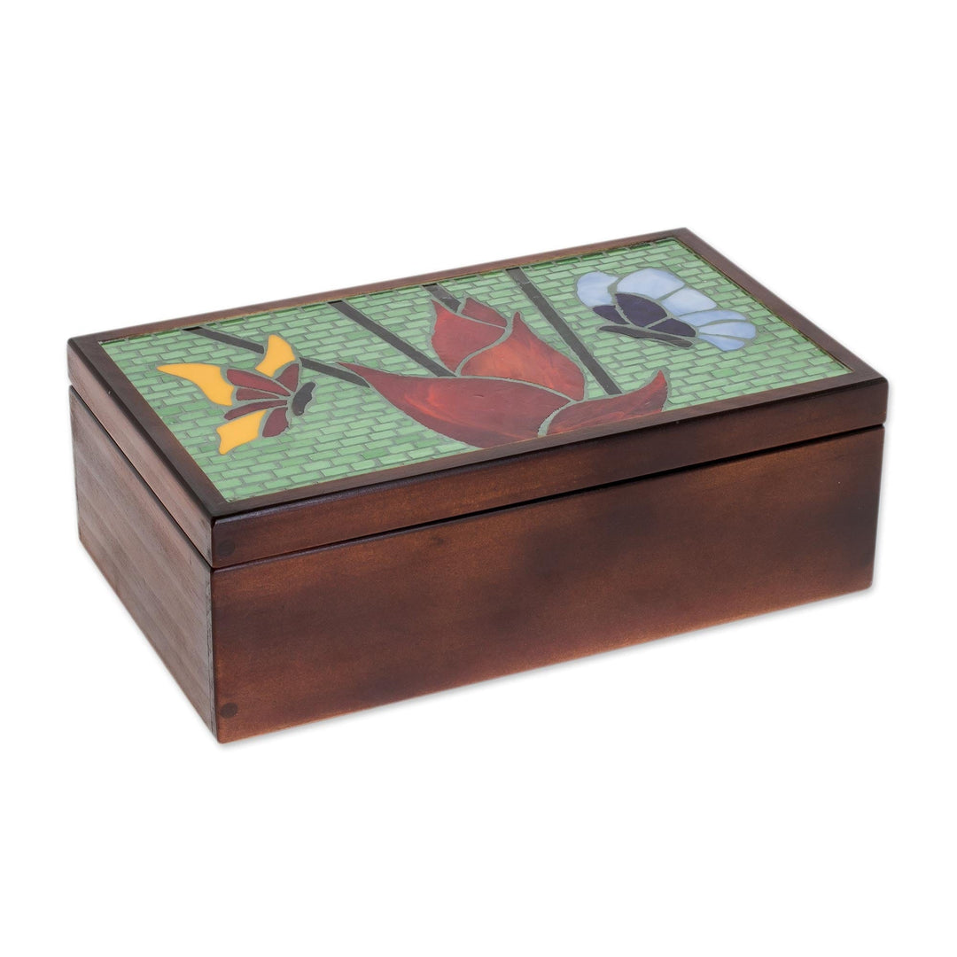 Floral Butterfly Glass Mosaic Tea Box from Costa Rica - Two Butterflies