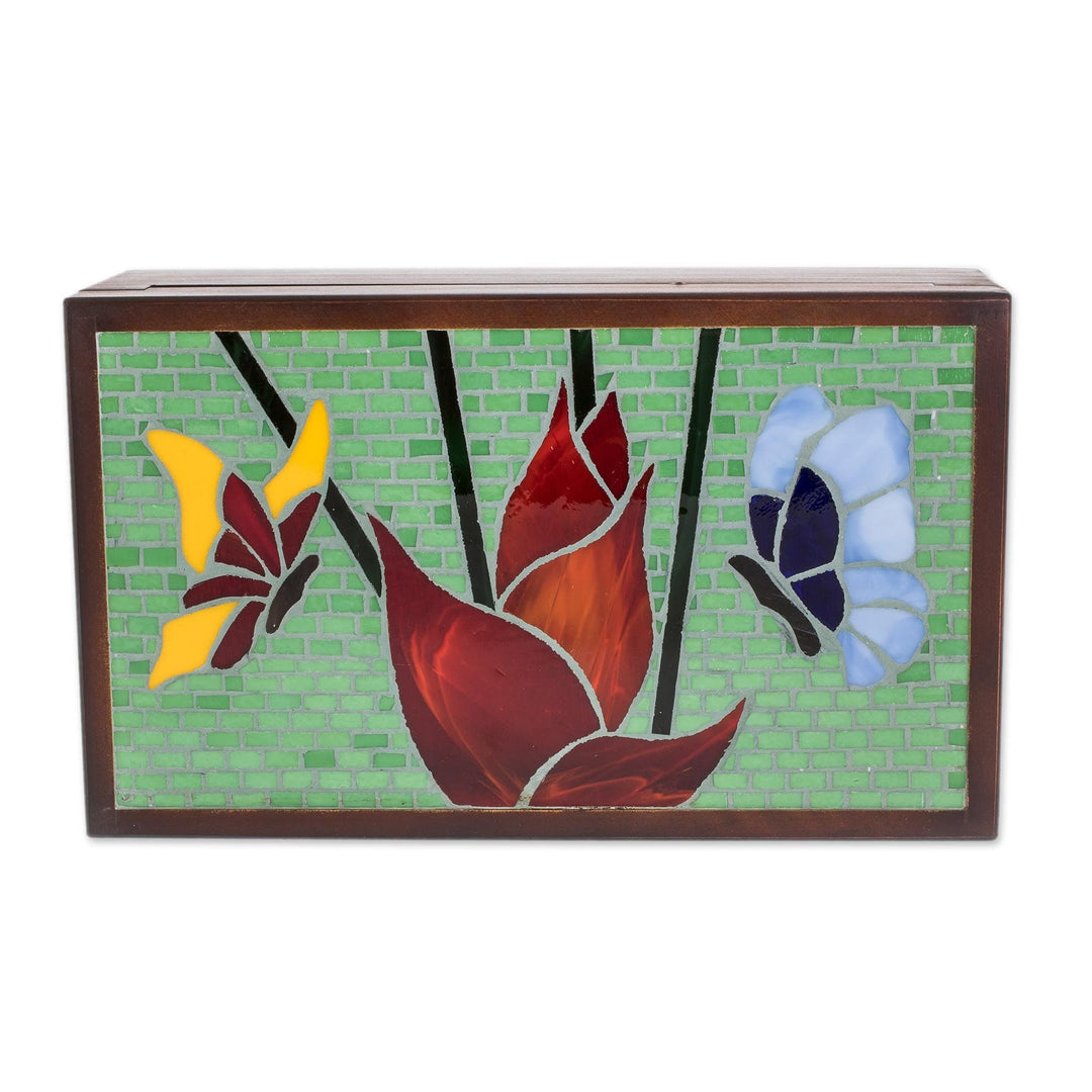 Floral Butterfly Glass Mosaic Tea Box from Costa Rica - Two Butterflies