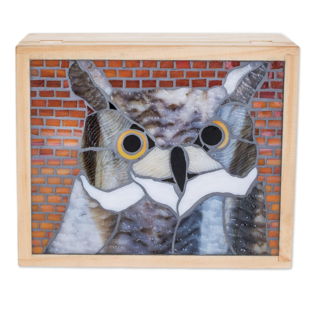 Owl-Themed Glass Mosaic Tea Box from Costa Rica - Charming Owl