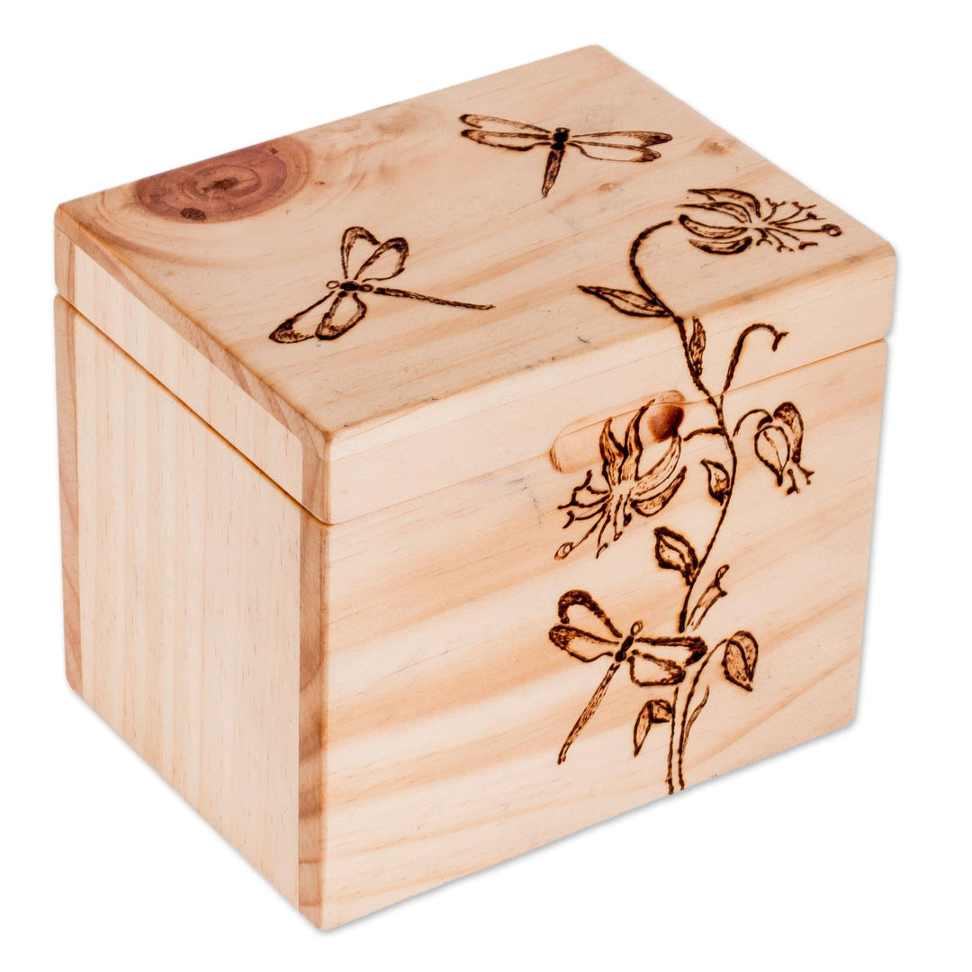 Dragonfly-Themed Pinewood Decorative Box from Costa Rica - Dragonfly Garden