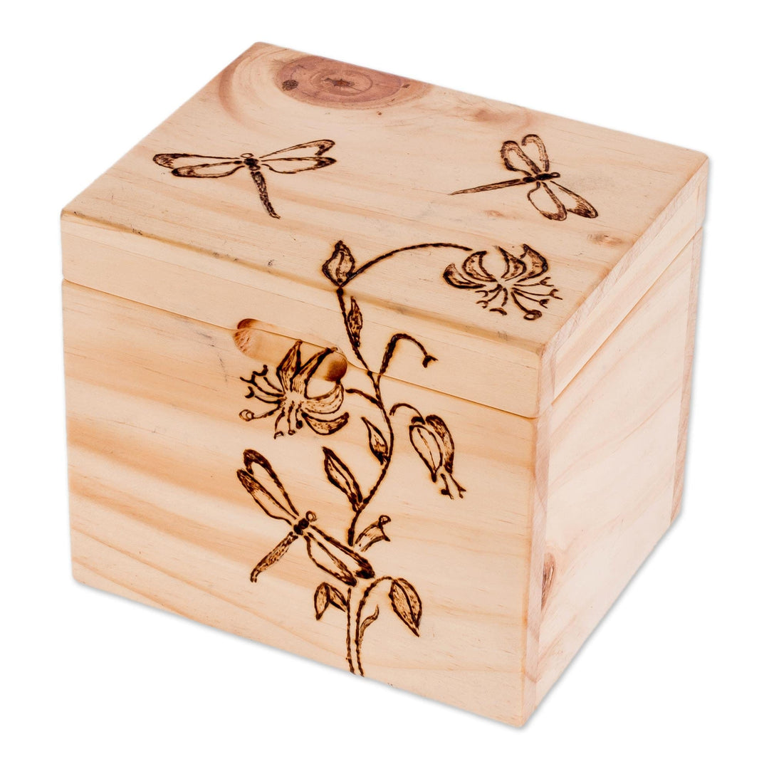 Dragonfly-Themed Pinewood Decorative Box from Costa Rica - Dragonfly Garden