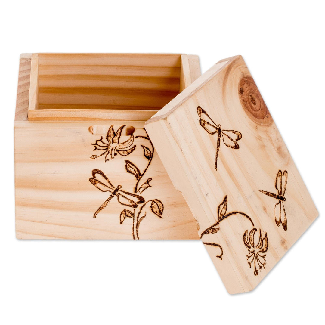 Dragonfly-Themed Pinewood Decorative Box from Costa Rica - Dragonfly Garden