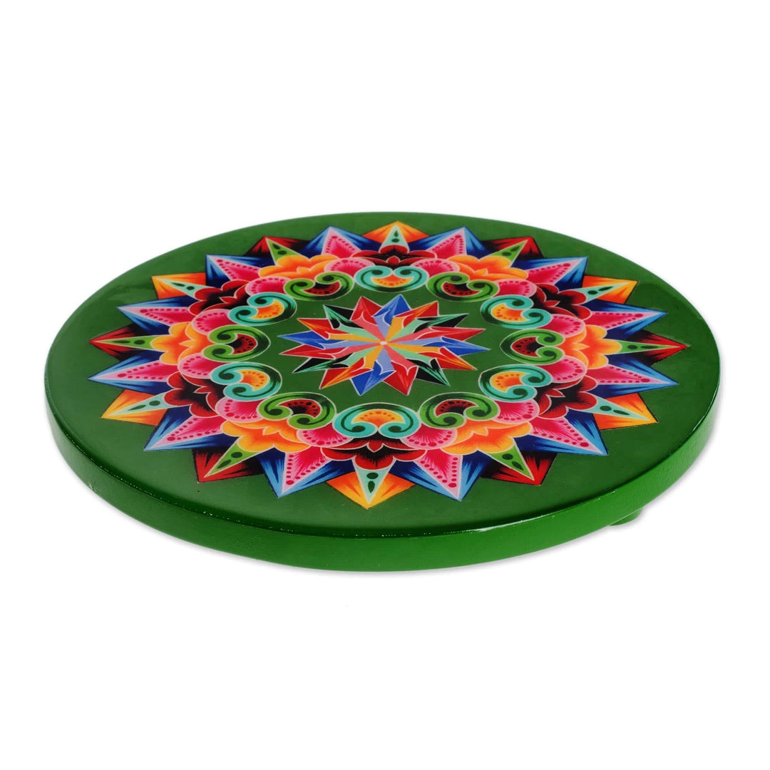 Decoupage Wood Trivet in Green from Costa Rica - Traditional Colors in Green