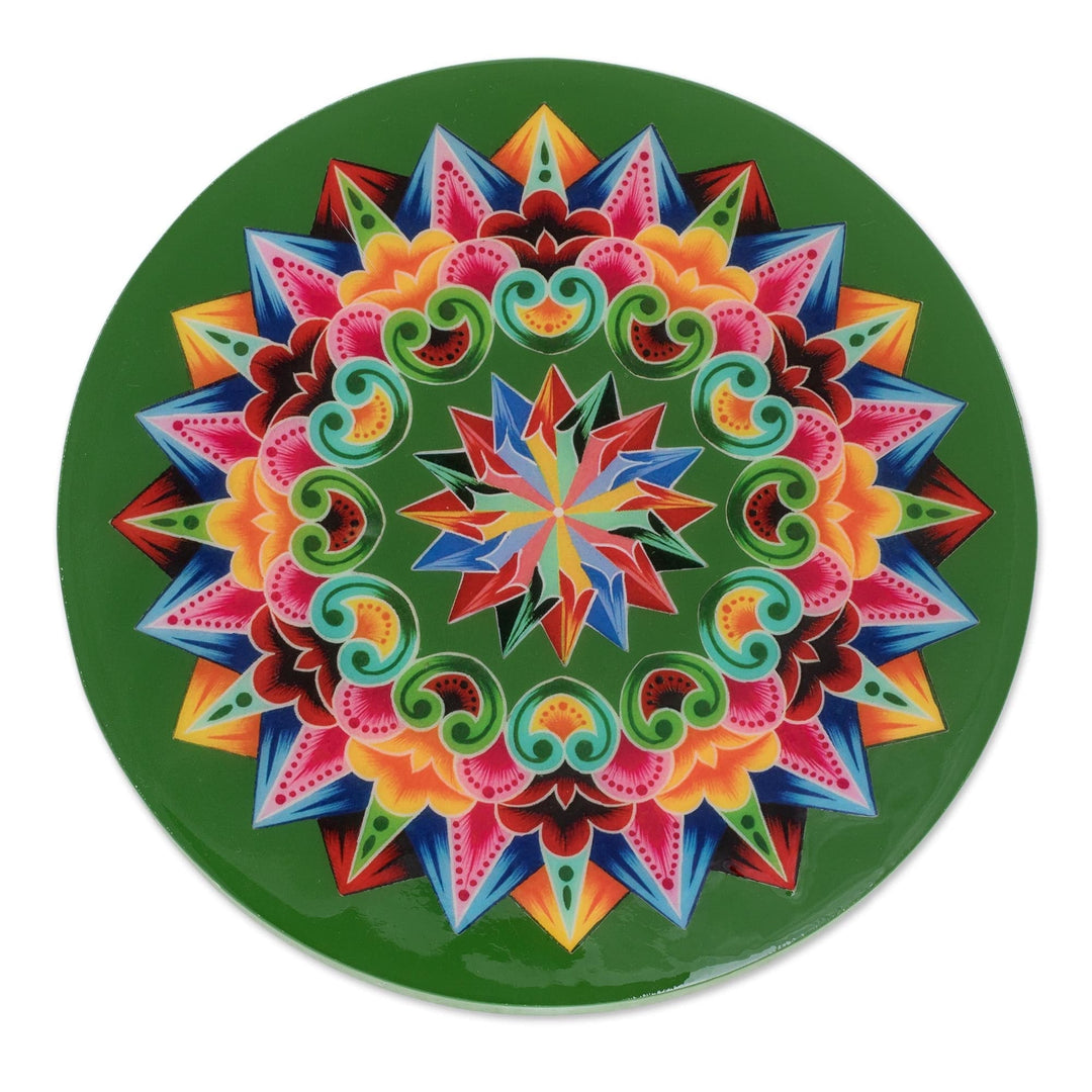 Decoupage Wood Trivet in Green from Costa Rica - Traditional Colors in Green