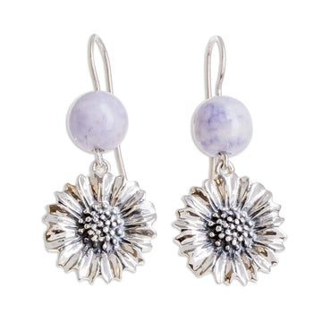 Floral Lilac Jade Dangle Earrings from Guatemala - Lilac Gerbera