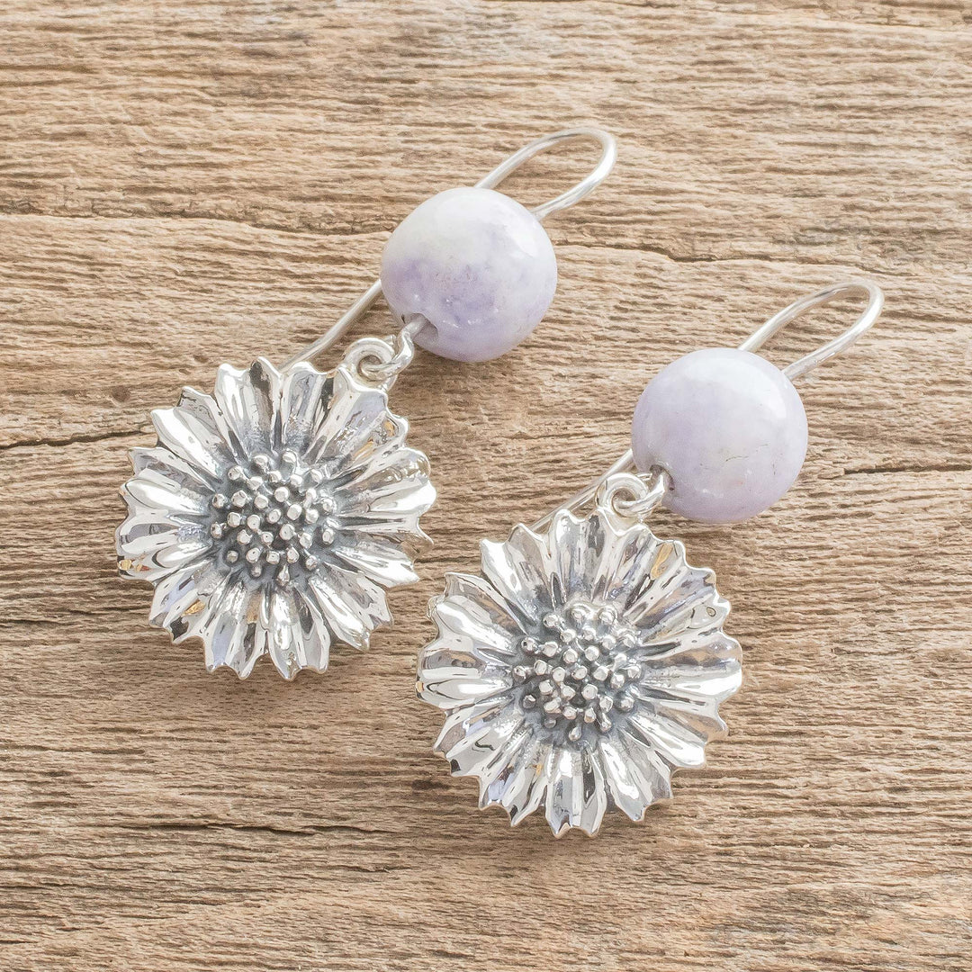 Floral Lilac Jade Dangle Earrings from Guatemala - Lilac Gerbera