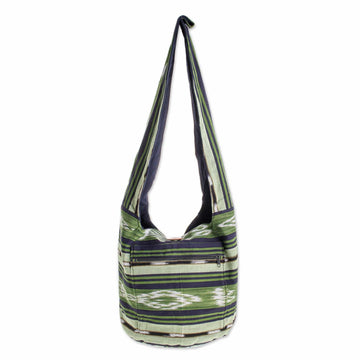 Handwoven Geometric Cotton Bucket Bag in Green - Verdant Paths