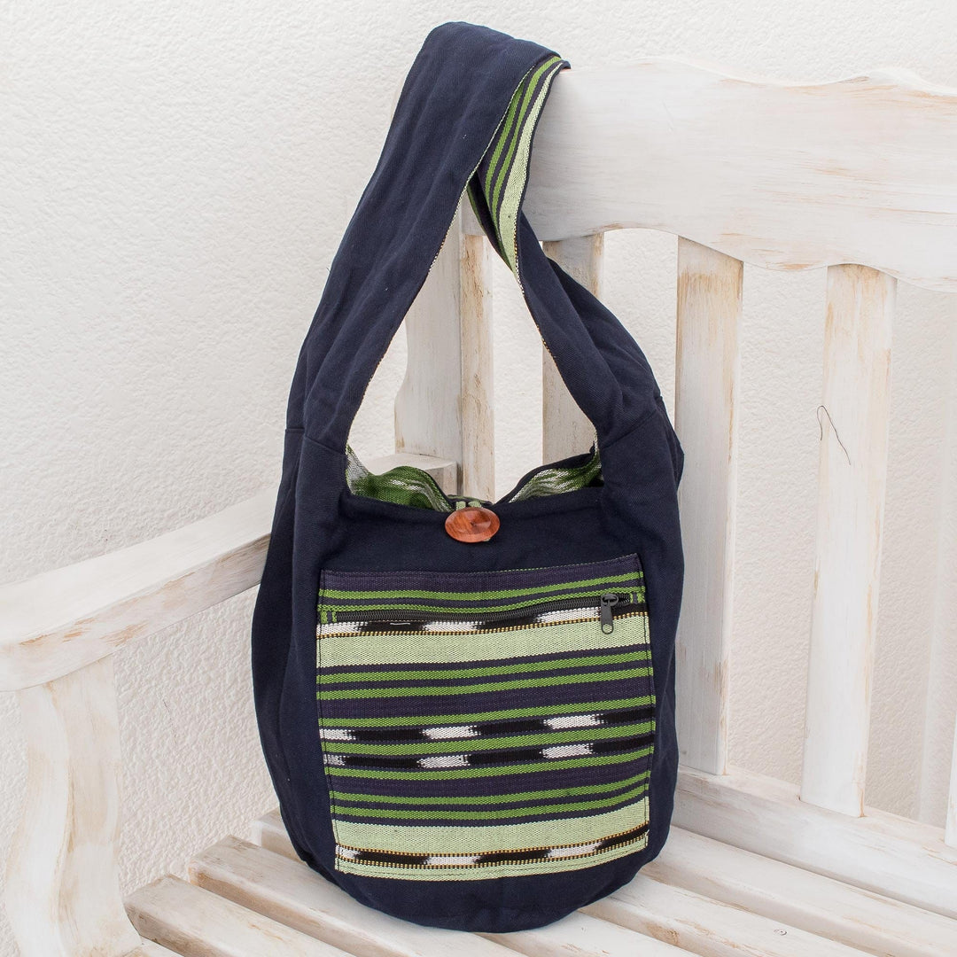 Handwoven Geometric Cotton Bucket Bag in Green - Verdant Paths