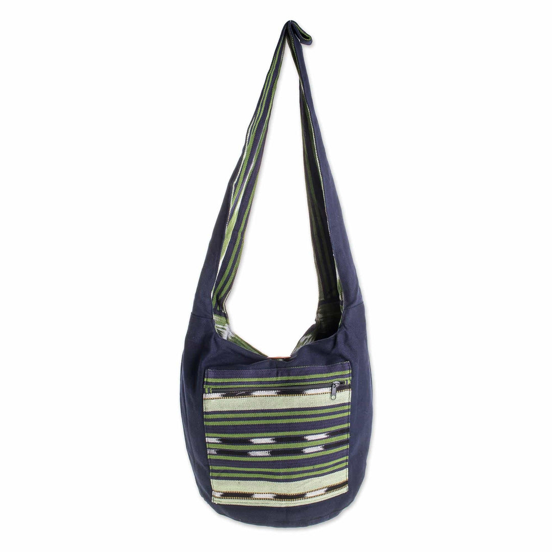 Handwoven Geometric Cotton Bucket Bag in Green - Verdant Paths