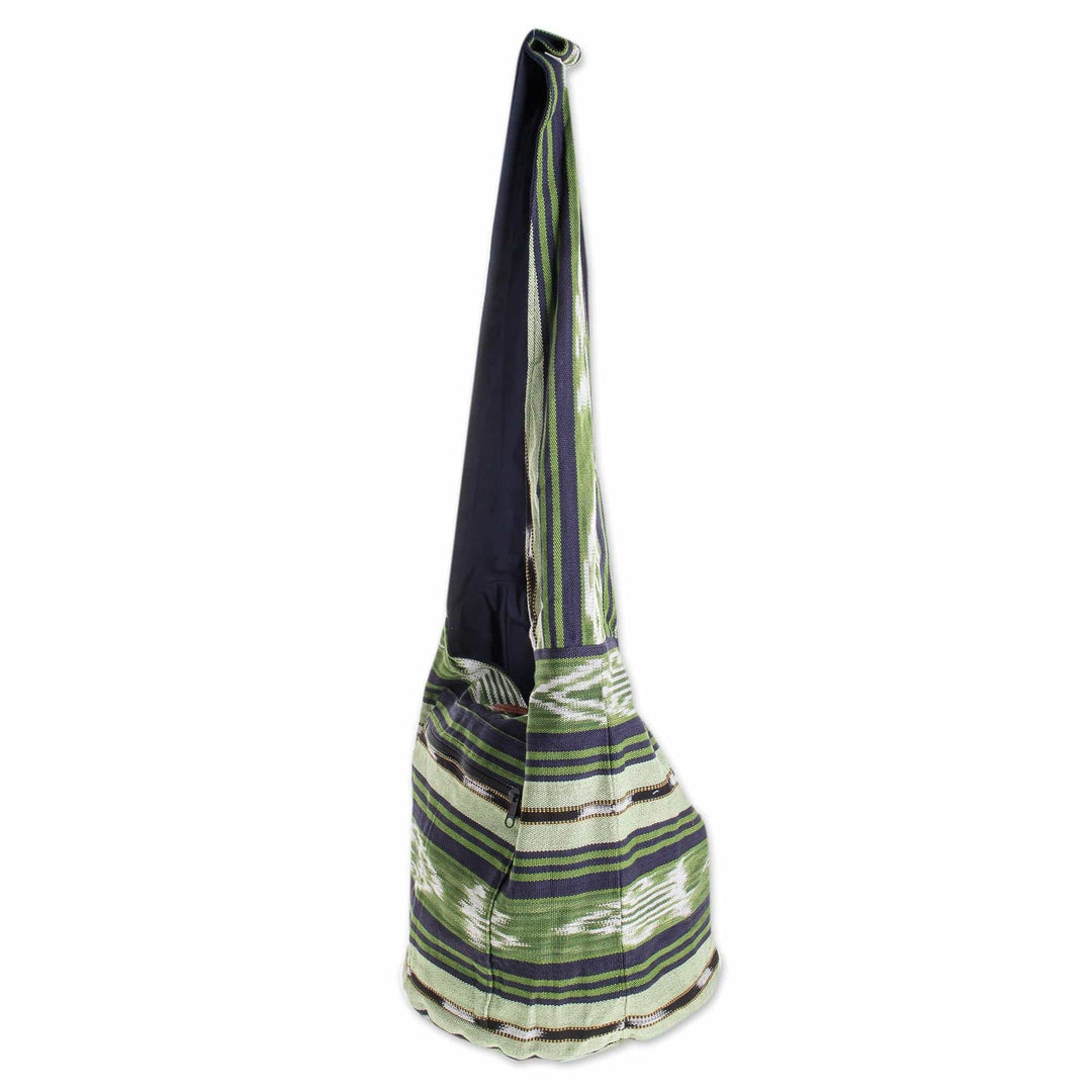 Handwoven Geometric Cotton Bucket Bag in Green - Verdant Paths