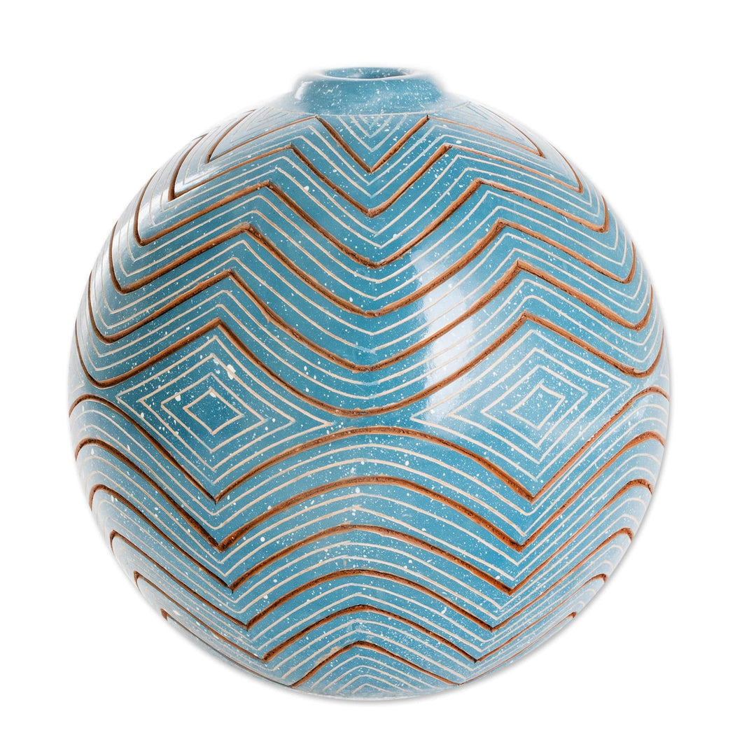 Blue Ceramic Decorative Vase with Zigzag Patterns - Harmonic Geometry