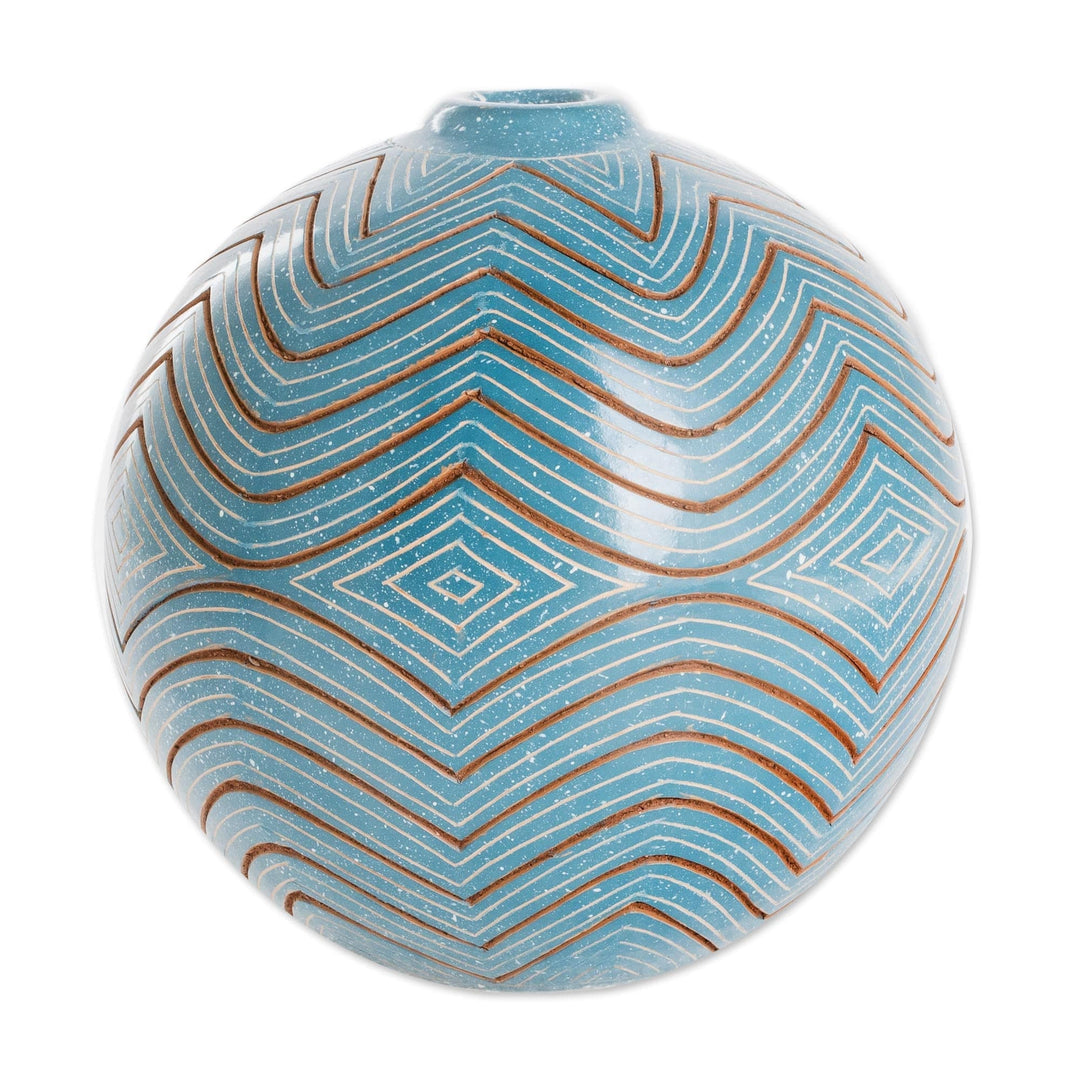 Blue Ceramic Decorative Vase with Zigzag Patterns - Harmonic Geometry