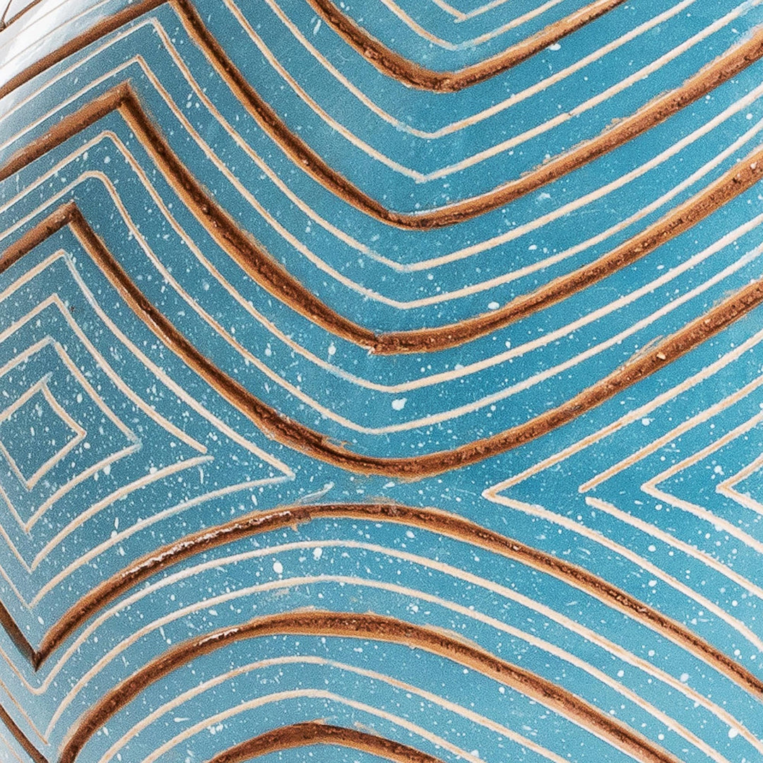 Blue Ceramic Decorative Vase with Zigzag Patterns - Harmonic Geometry