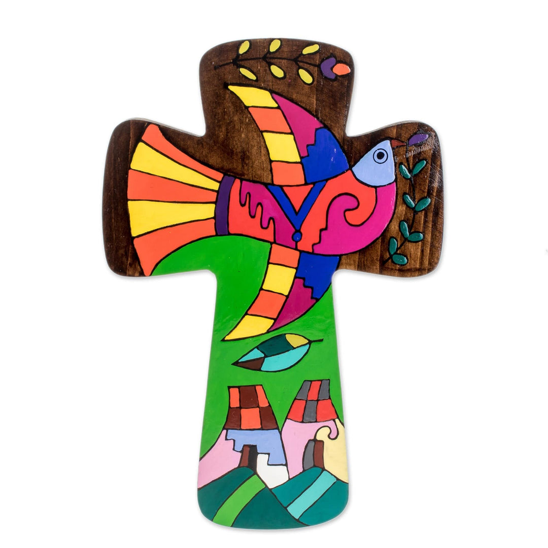 Colorful Pinewood Wall Cross from El Salvador - Bird of Peace