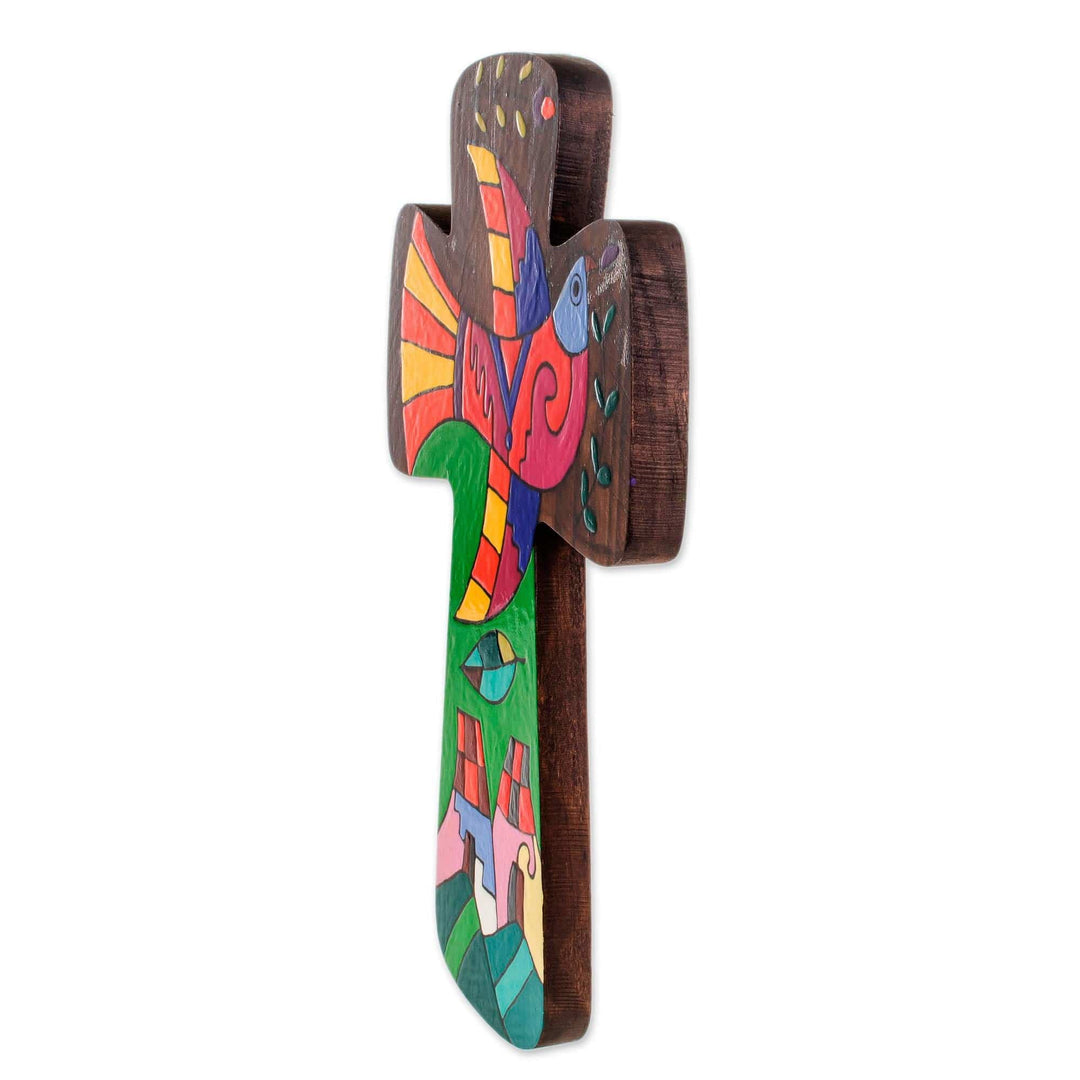 Colorful Pinewood Wall Cross from El Salvador - Bird of Peace