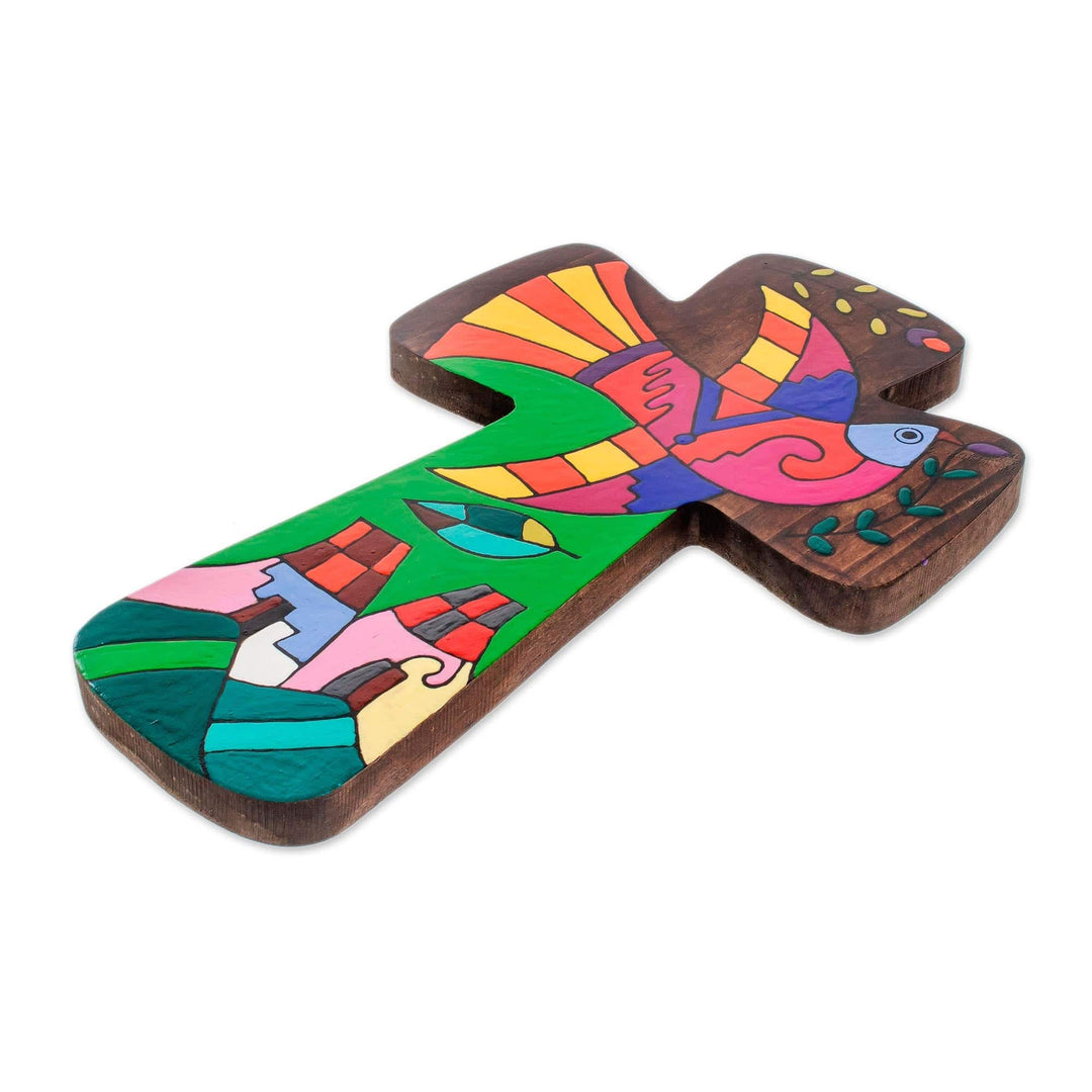 Colorful Pinewood Wall Cross from El Salvador - Bird of Peace