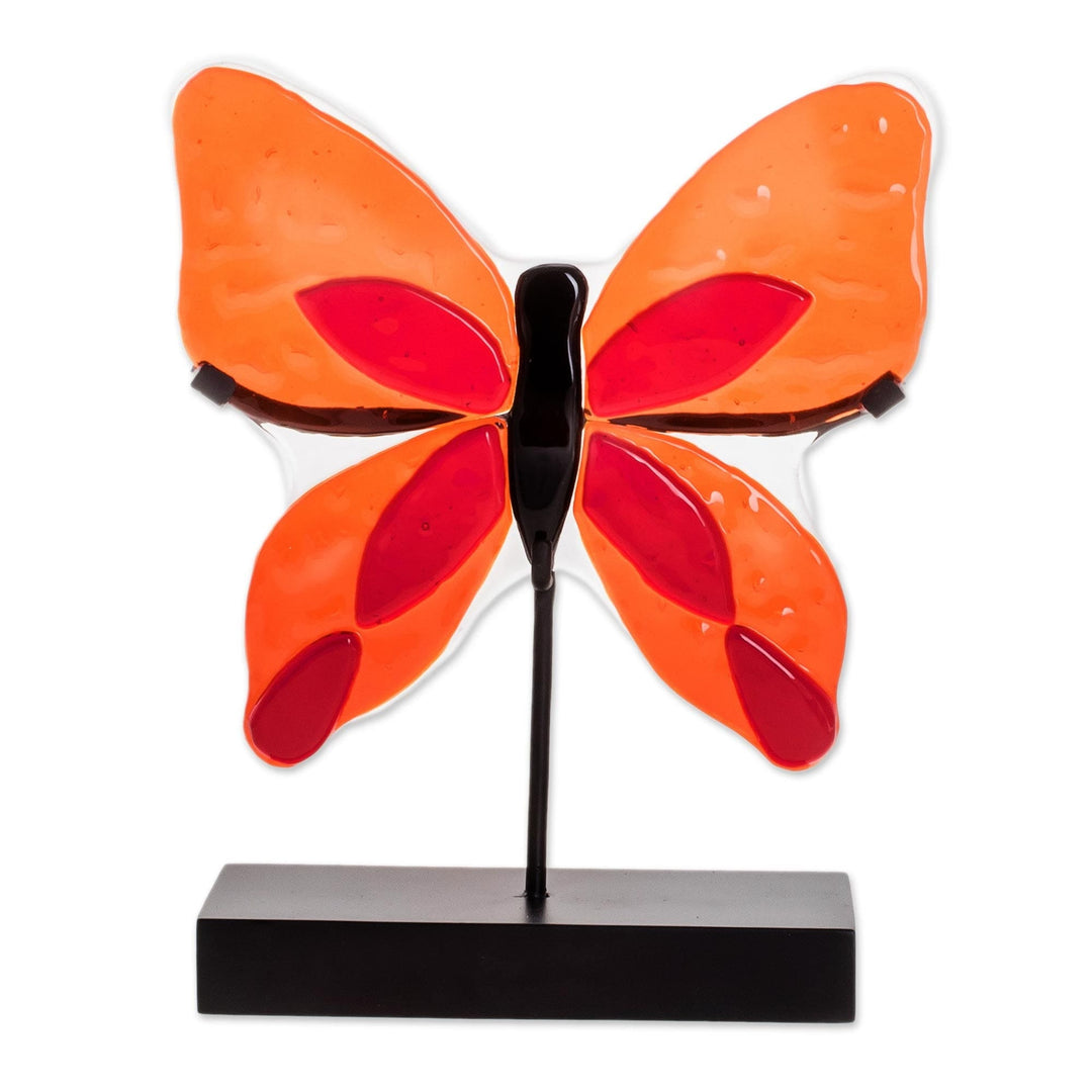 Art Glass Butterfly Sculpture in Orange from El Salvador - Flight of Color in Red