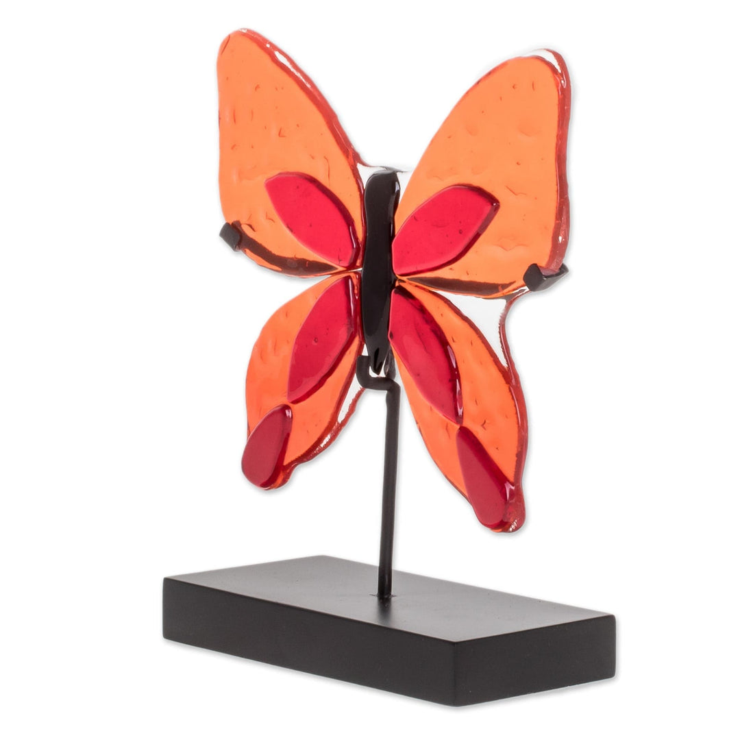 Art Glass Butterfly Sculpture in Orange from El Salvador - Flight of Color in Red